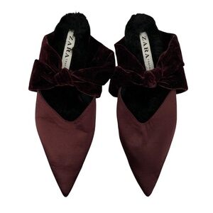 Zara Trafaluc Point Toe Velvet Faux Fur Maroon Slides Size 35 Women’s
